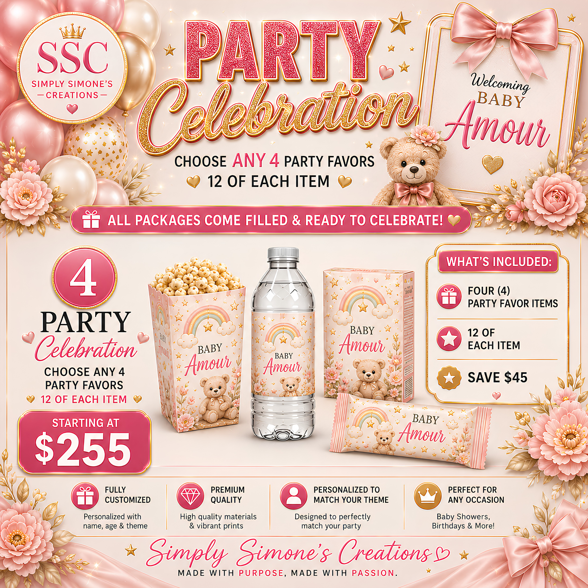 Party Celebration Custom Favor Package | Choose Any 4